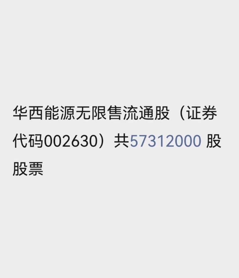 华西能源无限售流通股（证券代码002630）共57312000 股股票